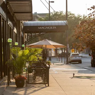 Outdoor seating at restaurant.