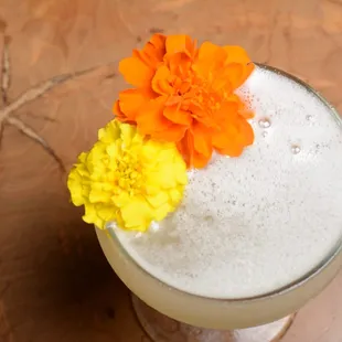 "Marigolds at Magnolia" House Cocktail with Vodka, Lemon, Marigold Flowers, Honey, Rose Water