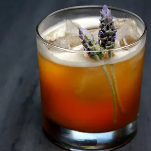 "Mendocino Sour" House Cocktail with Bourbon, Amontillado Sherry, Lemon, Rooibos Tea, Lavender