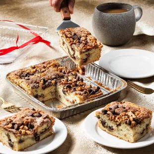 Our SUPER MOIST Sour Cream Coffee Cake, Best coffee cake in San Diego. Filled with Chocolate, Walnuts, Cinnamon, Sugar. Grandma's Recipe!