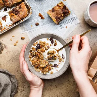 Sweet, Salty, and Delicious Magnolia Granola.  (Magnolia Granol-ia) Packed full of dried cherries, pistachios, coconut, maple syrup. Best