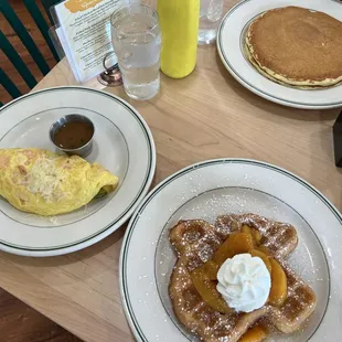 Shrimp &amp; avocado omelette, Texas peach pecan waffles, buttermilk pancakes