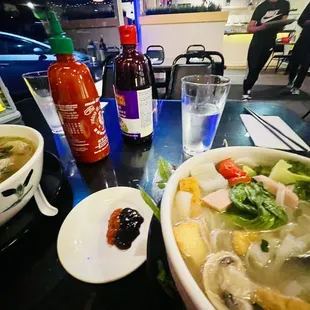 Veggie Pho and perfect ratio hoisen and siracha