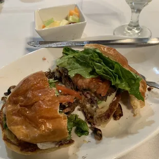 My mushroom/oyster-topped burger (carefully made without onions).