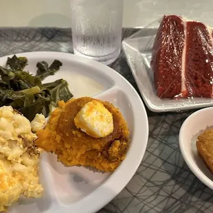 Collard greens, macaroni and cheese, sweet potato soufflé