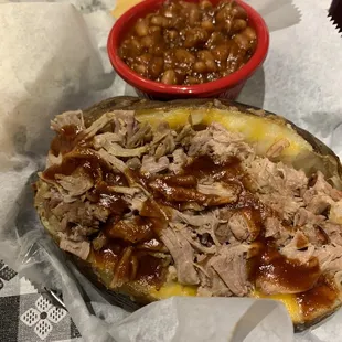 BBQ pork spud with a side of baked beans