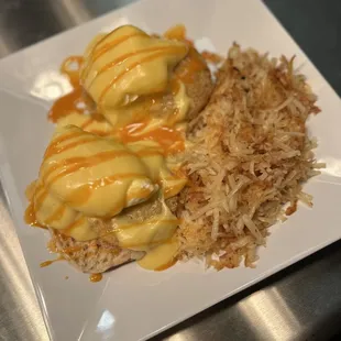 Fried Green Tomato Eggs Benedict with Hashbrowns