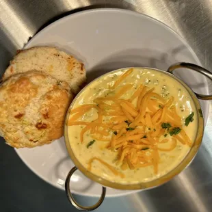 Broccoli Cheddar soup with Jalapeno Cheddar Biscuit
