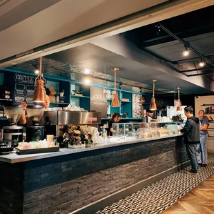 a view of a restaurant counter