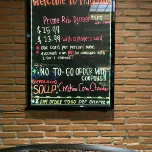 Prime Rib Special with players card