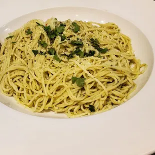 Capellini with basil pesto.