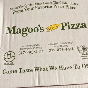 Writing on Magoo&apos;s pizza box