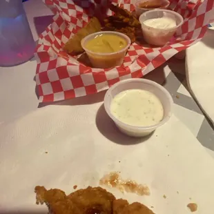 4 tiny cut pieces of a tender or two idk... and about 6 max fries.  No flavor