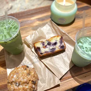 Oatmeal raisin pecan scone with maple glaze, Lemon blueberry bread, Matcha with a shot of lavender