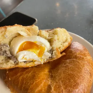 A savory stuffed bread with sausage and egg and yummy