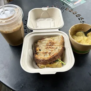 Iced Chai with Lavender, Tomato + Jam + Egg + Feta Panini, Grits