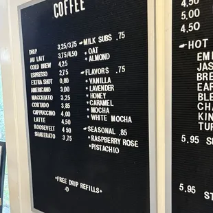Coffee menu