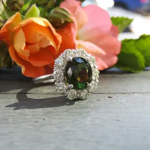 Gorgeous vintage Art Deco Green Tourmaline and Diamond Engagement Ring