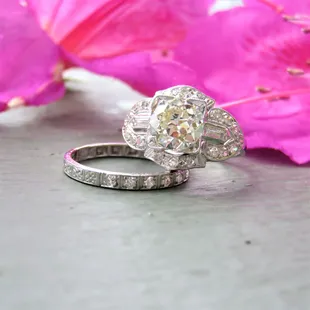 sold-Stunning Art Deco engagement set crafted of platinum that features a 1.48 carat old European cut center diamond!