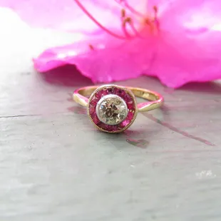 Antique ruby and diamond &quot;bullet&quot; engagement ring.