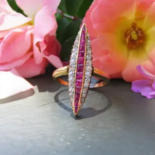 Victorian ruby and diamond navette ring.