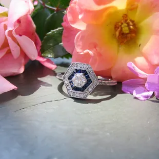 Art Deco style diamond and sapphire engagement ring!