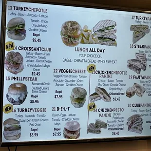 a menu for sandwiches