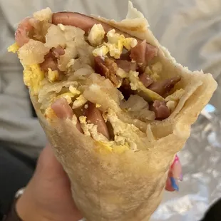 Ham and bacon breakfast burrito. Very good!