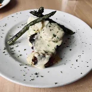 Filet mignon Oscar style w/asparagus and whipped potatoes.