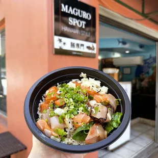 Make Your Original Poke Bowl: - Salmon + blue marlin - House + Hawaiian sauce