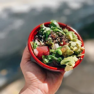 Small ahi (Hawaiian style) ($6) with sushi rice on the bottom and I added soy beans ($.50) and avocado ($2)