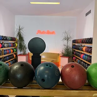 a row of bowling balls