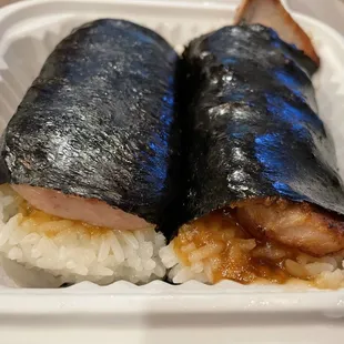 Grilled Spam Musubi and Hawaiian BBQ Chicken Musubi