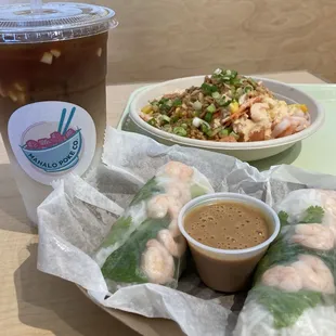 Shrimp Spring Rolls, Iced Coconut Latte, custom bowl