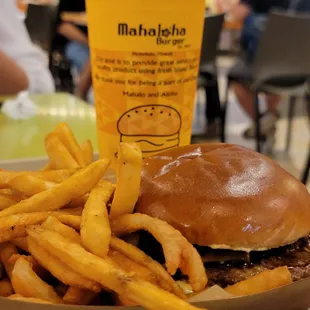 Signature burger (Pineapple Teriyaki Burger) with added mushrooms and combo with fries.