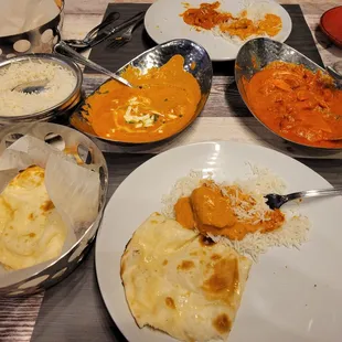 Butter chicken, malaaik kofta, rice, naan