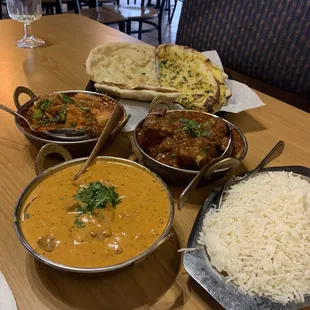 81. Lamb Tikka Masala, 88. Goat Bhuna, 71. Mint Special Chicken, 113. Garlic Naan, 112. Plain Naan, 103. Plain Rice