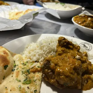 Lamb Korma, rice, and Garlic Naan