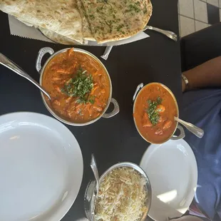 Naan, Chicken tiki Marsala, Shrimp Vindaloo and rice