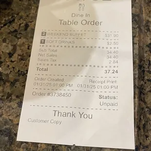 Cost for 2 lunch buffet on a Friday and 1 soda.