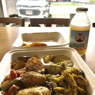 a meal in a styrofoam container