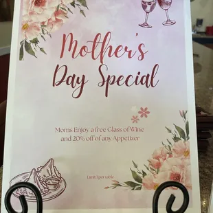 Free wine for Mother and 20% off appetizer NICE