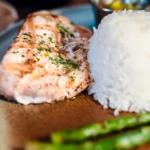Mahé Mahi with steamed rice. (mango salsa on the side)