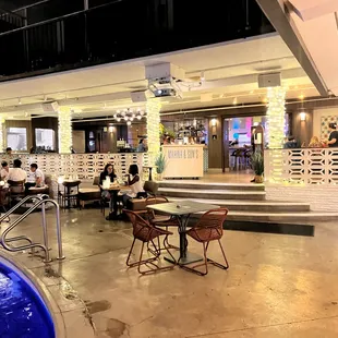 Patio seating and entrance to inside of restaurant