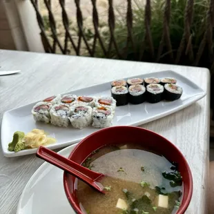 miso soup, spicy tuna roll, sakura roll