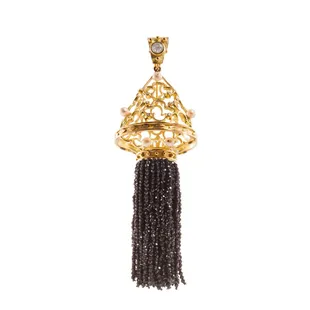 The shiny black, spinel  tassel and the bale can be switched out form diamonds and jet black to one  of fine seed pearls as in the open cone
