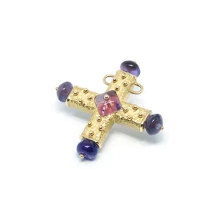 PAMELA: Exquisite gold studded gold with a pink fluorite cushion and amethyst bead caps.