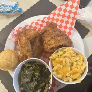 Basa, Collard Greens, Mac &amp; Cheese