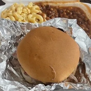 Pulled pork sandwich, Mac &amp; Cheese and beans