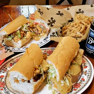 Fried Shrimp Po Boy in the back, Fried Onion Rings and Fried Green Tomato w Shrimp Remoulade Po Boy at the Front